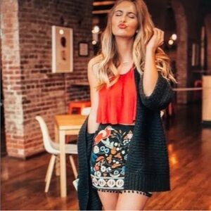 Impeccable Pig Embroidered Mini Skirt Birds Pom Pom Trim Linen Cotton Size Lrg